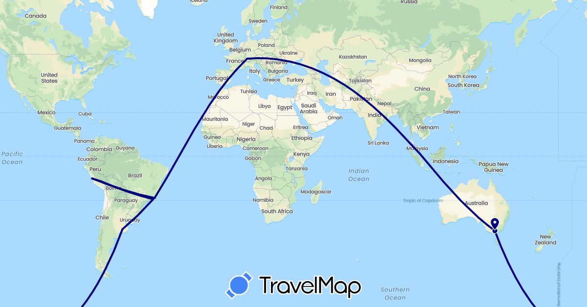 TravelMap itinerary: driving in Argentina, Australia, Brazil, Switzerland, Peru, Singapore (Asia, Europe, Oceania, South America)